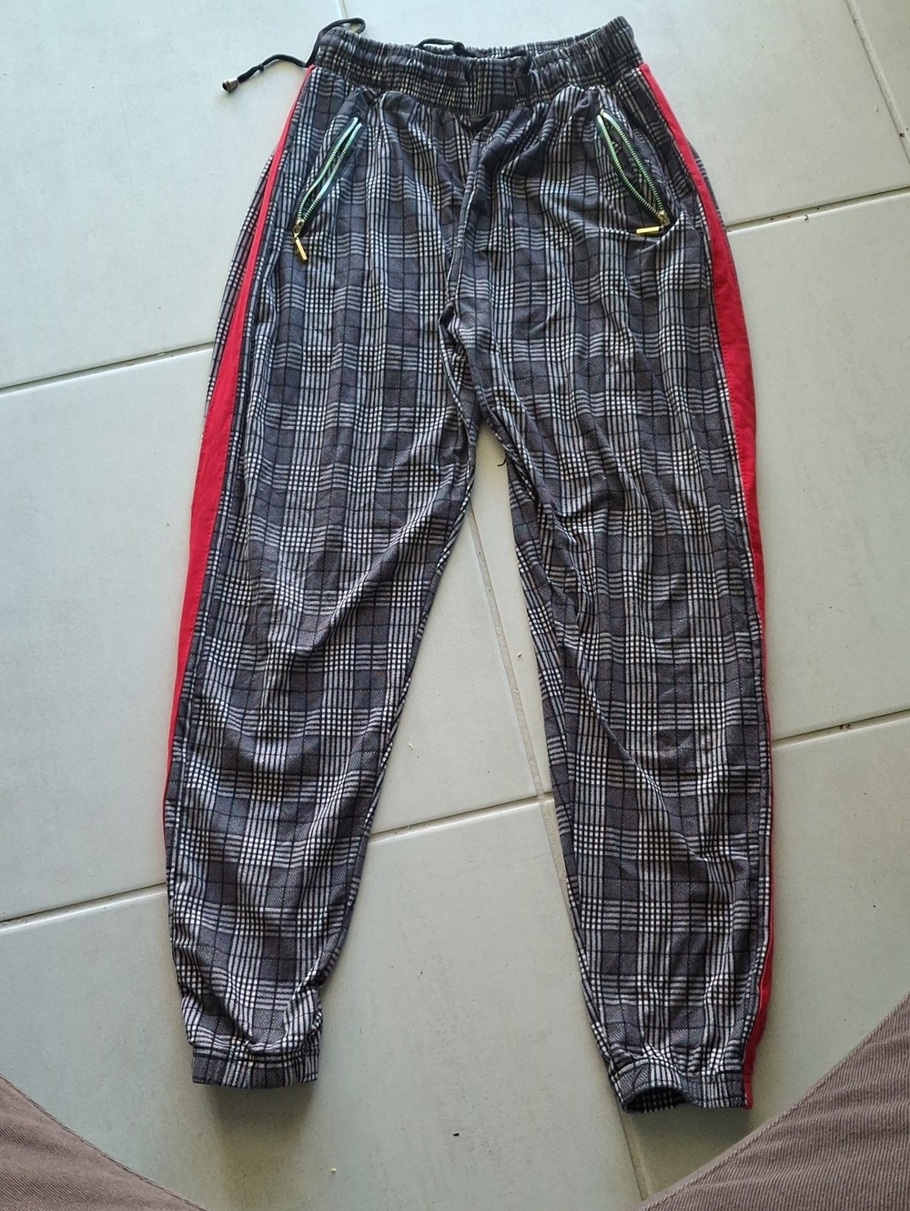 Men's Black Plaid Joggers with Red Side Stripe